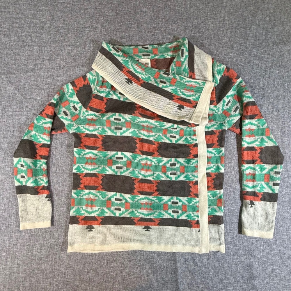 B-Sharp Southwestern Aztec Mohair Blend Sweater Women L Folk Cabin Boho Cardigan